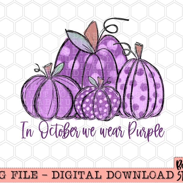 Purple Pumpkins In October We Wear Purple Sublimation Design, Awareness, Doodle Pumpkins, Digital Download, PNG, Ready To Print