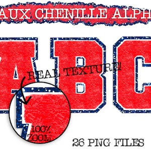 May include: Red faux chenille letters A, B, and C with a blue outline. The letters have a glittery texture. The text "REAL TEXTURE!" is written in white on the letters. The text "100% ZOOM" is written in black on a red circle. The text "26 PNG FILES" is written in black. The text "BellaB STUDIO" is written in black.