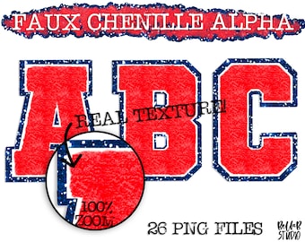 Faux Chenille PNG Alphabet Set, Red Chenille Sublimation Alphabet, Clipart, Varsity Letters, Digital Download, PNG, Sublimation Alphabet