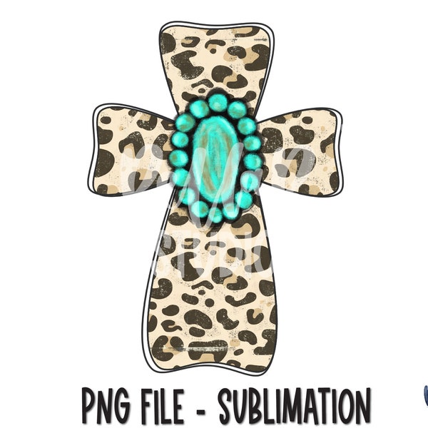 Leopard Print Turquoise Gem Cross PNG Sublimation Design, Easter, Tribal, Boho, Southwestern, Turquoise Rock,Digital Download, PNG, Clip Art