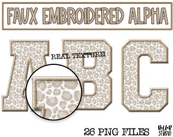 Faux Embroidered PNG Alphabet Set,Neutral Leopard Alphabet, Stitched Alpha PNG, Clipart, Varsity Letters, Digital Download, Alphabet