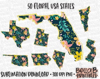 Pacote de designs de sublimação de estados florais, pacote dos EUA, esboço da América, download digital de sublimação dos Estados Unidos, flores, sublimação png