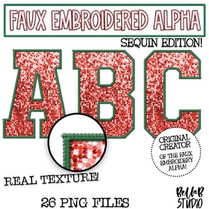Faux Embroidered Sequin PNG Alphabet Set, Red Green Sequin, Red Faux Sequin PNG, Stitched Alpha PNG,Varsity Letters, Digital Download, Alpha
