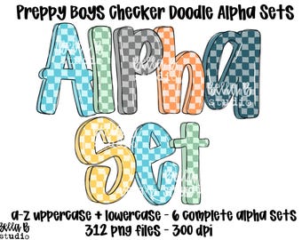 Boys Preppy Checker Doodle Alpha PNG Bundle, Bright Fun Alpha PNG, Doodle Font,Alpha Bundle, Font, Doodle Letters, Clipart, Digital Download