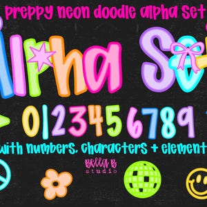 Preppy Neon Doodle Alpha PNG Bundle, Preppy Letters PNG, Bright Doodle Font, Alpha Bundle, Font, Doodle Letters, Clipart,Digital Download