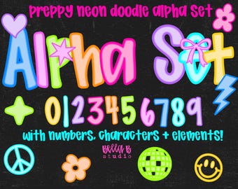 Preppy Neon Doodle Alpha PNG Bundle, Preppy Letters PNG, Bright Doodle Font, Alpha Bundle, Font, Doodle Letters, Clipart,Digital Download