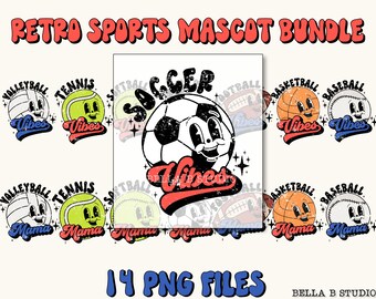 May include: A set of 14 digital clipart images featuring retro sports mascots. Each mascot is a cartoon character with a different sport ball for a head. The mascots have different expressions and are wearing different colours. The text "Retro Sports Mascot Bundle" and "14 PNG Files" is included in the image.