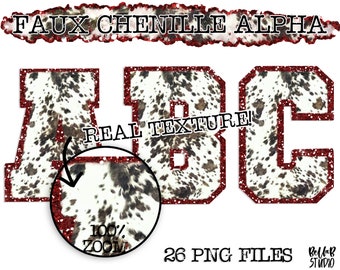 Conjunto de alfabeto PNG falso chenille, alfabeto de sublimação de chenille com estampa de vaca, clipart, letras universitárias, download digital, PNG, alfabeto de sublimação