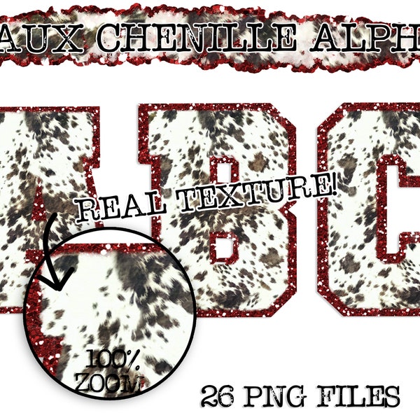 Faux Chenille PNG Alphabet Set, Cow Print Chenille Sublimation Alphabet, Clipart, Varsity Letters,Digital Download, PNG,Sublimation Alphabet