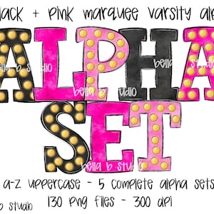 Peut inclure: Lettres de l'alphabet de style marquise noires et roses avec des ampoules. Les lettres épellent "ALPHA SET".  a-z en majuscules - 5 ensembles alpha complets - 130 fichiers png - 300 dpi