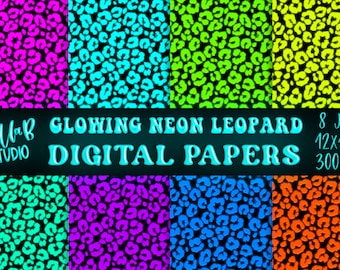 Glowing Neon Leopard Print Digital Paper, Bright, Leopard Digital Paper,Texture Papers,Digital Backgrounds, Scrapbooking, Digital Paper Pack