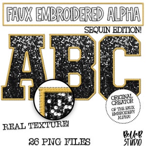 Faux Embroidered Sequin PNG Alphabet Set, Black Gold Sequin, Black Faux Sequin PNG, Stitched Alpha PNG, Varsity Letters, Digital Download