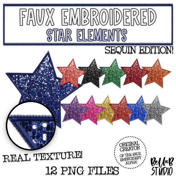 Faux Embroidered Sequin Star Elements PNG, Faux Sequin PNG, Faux Embroidery, Matching Elements, Sequin Stars, Digital Download