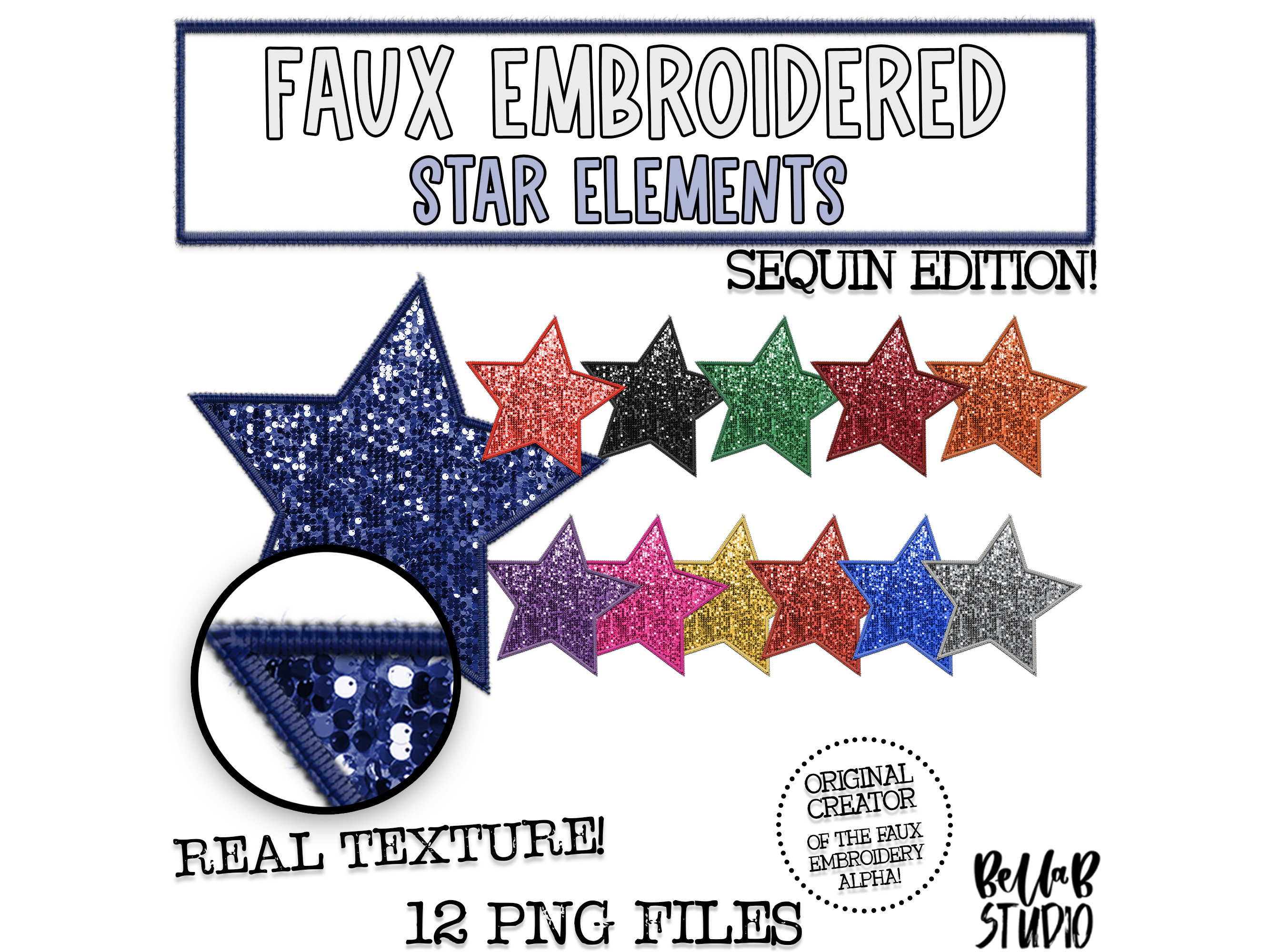 Faux Embroidered Sequin Star Elements PNG, Faux Sequin PNG, Faux Embroidery, Matching Elements, Sequin Stars, Digital Download