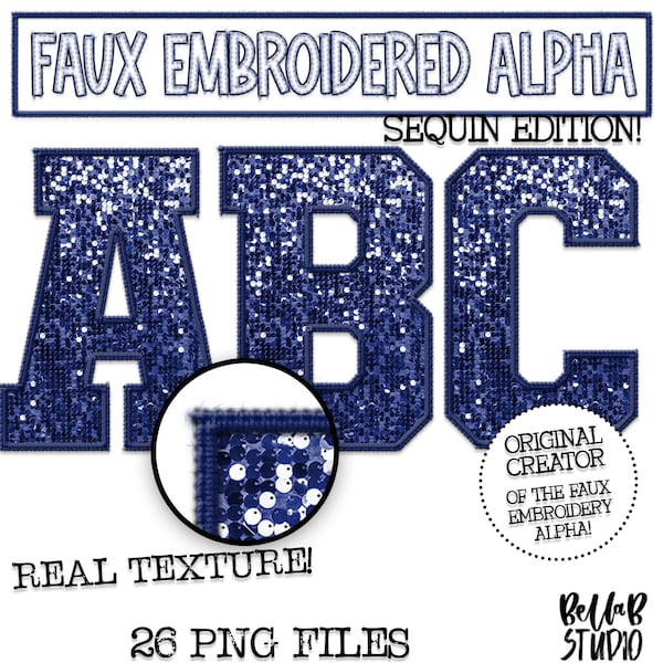 Faux Embroidered Sequin PNG Alphabet Set, Navy Blue Sequin,Navy Faux Sequin PNG,Stitched Alpha PNG,Varsity Letters,Digital Download,Alphabet