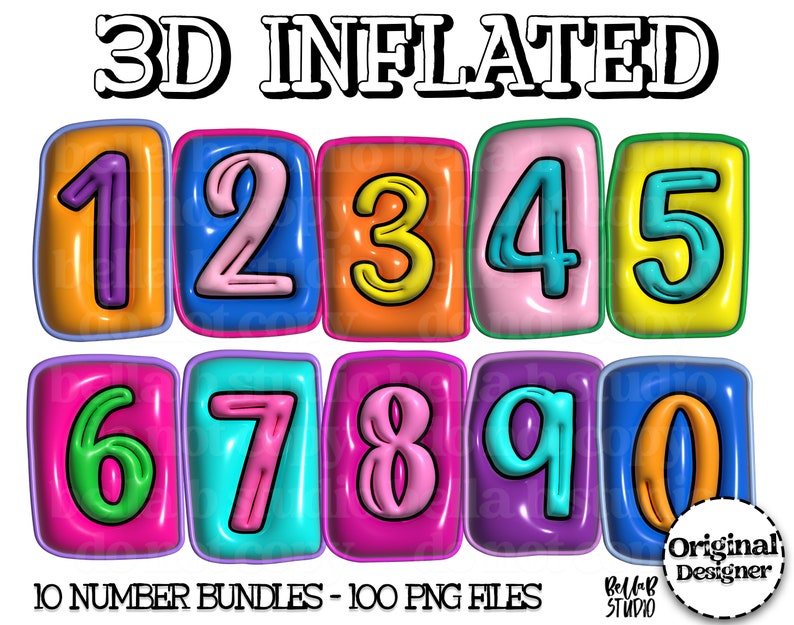 3D Inflated PNG Numbers Set, Bright Alpha, Bubble Puffy Alphabet, 3D ...