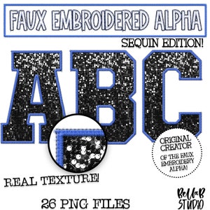 Faux Embroidered Sequin PNG Alphabet Set, Black Royal Sequin, Black Faux Sequin PNG, Stitched Alpha PNG, Varsity Letters, Digital Download