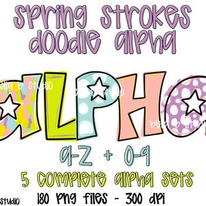 May include: A set of 5 complete alphabet sets in a spring doodle style. The letters are in a variety of colors and patterns, including pink, yellow, green, blue, and purple. Each letter has a star and a polka dot pattern. The text "spring strokes doodle alpha" is at the top of the image. The text "a-z + 0-9" is below the letters. The text "5 complete alpha sets" is below the text "a-z + 0-9". The text "180 png files - 300 dpi" is below the text "5 complete alpha sets".