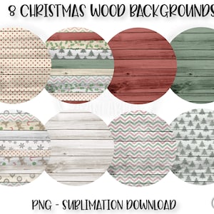 May include: Eight circular Christmas wood backgrounds with various designs. The designs include red polka dots, green and red holly, red wood planks, green wood planks, gray and white chevron, and Christmas trees. Text at the top reads "8 Christmas Wood Backgrounds".