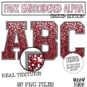 Faux Embroidered Sequin PNG Alphabet Set, Crimson Sequin, Maroon Faux Sequin PNG, Stitched Alpha PNG, Varsity Letters, Digital Download