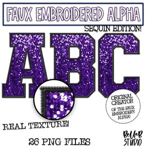 Faux Embroidered Sequin PNG Alphabet Set, Purple Sequin, Black Faux Sequin PNG, Stitched Alpha PNG, Varsity Letters, Digital Download