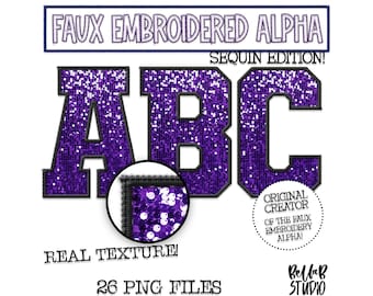 Faux broderad paljett PNG alfabetsset, lila paljett, svart faux paljett PNG, sydd alfabet PNG, universitetsbokstäver, digital nedladdning