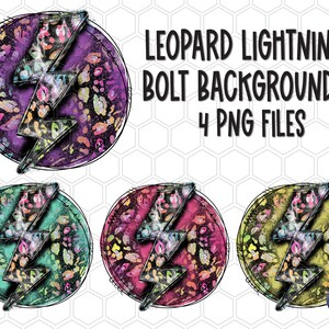 Può includere: Quattro sfondi digitali con un fulmine a stampa leopardata in viola, turchese, rosa e giallo. Il testo "Leopard Lightning Bolt Backgrounds 4 PNG Files" è nella parte superiore dell'immagine.