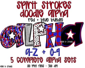 Red and Blue Spirit Doodle Alpha, Spots Alpha PNG, School Spirit Alphabet, Dotted Alpha, Alpha Bundle, Doodle Letters, Digital Download