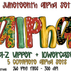 May include: A set of colorful alphabet letters in a Juneteenth theme. The letters are decorated with a patchwork of red, yellow, green, and black patterns. The text "Juneteenth alpha set" is at the top of the image. The text "a-z upper + lowercase" is below the letters. The text "5 complete alpha sets" is below that. The text "260 png files - 300 dpi" is below that. The text "bella b studio" is at the bottom of the image.