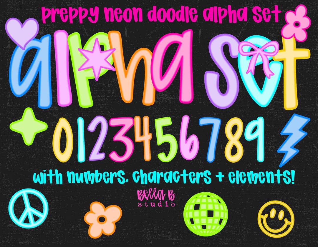 Preppy Neon Doodle Alpha PNG Bundle, Preppy Letters PNG, Bright Doodle ...