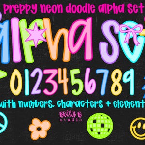 Preppy Neon Doodle Alpha PNG Bundle, Preppy Letters PNG, Bright Doodle Font, Alpha Bundle, Font, Doodle Letters, Clipart,Digital Download