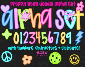 Preppy Neon Doodle Alpha PNG Bundle, Preppy Letters PNG, Bright Doodle Font, Alpha Bundle, Font, Doodle Letters, Clipart,Digital Download