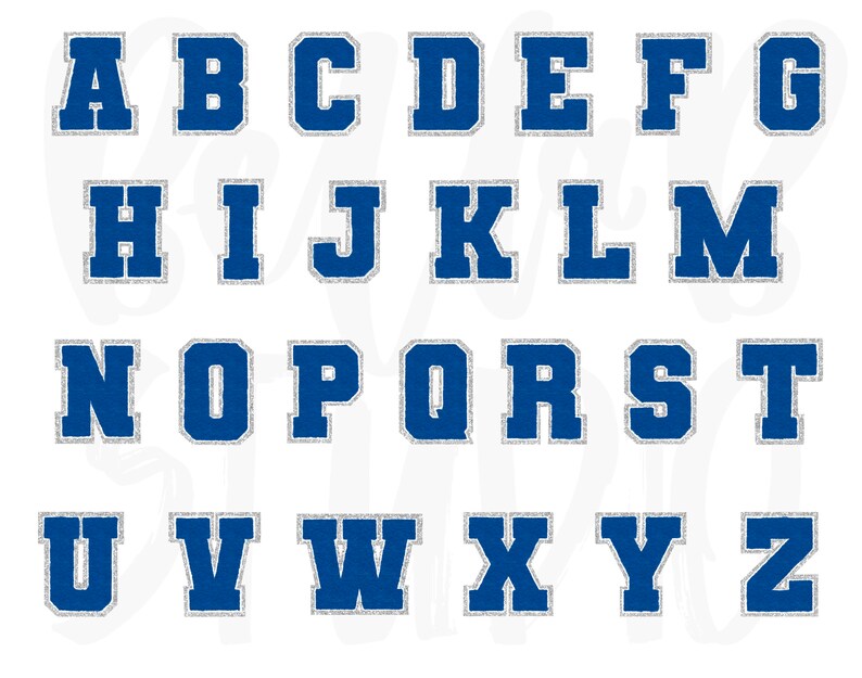May include: Blue felt alphabet letters with a silver glitter outline. The letters are uppercase and are arranged in alphabetical order.