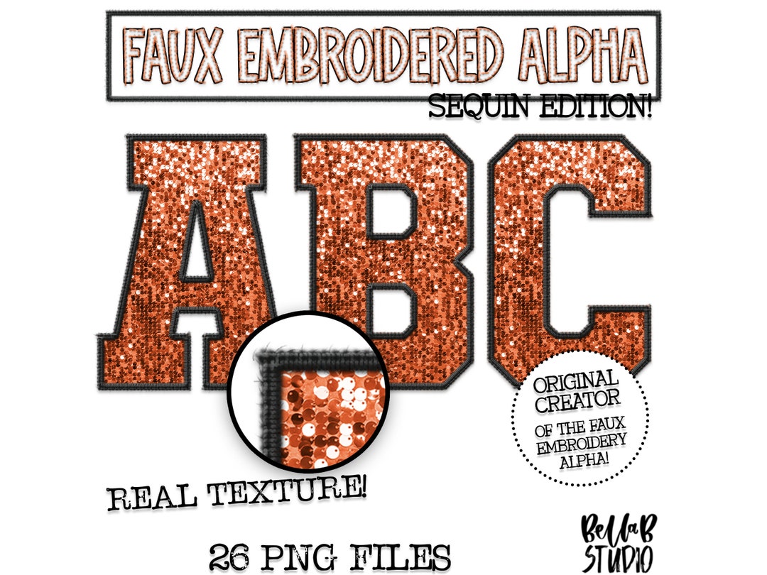Faux Embroidered Sequin PNG Alphabet Set, Orange Sequin, Orange Black ...