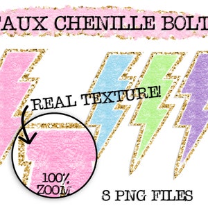 Faux Chenille PNG Lightning Bolts, Chenille Sublimation Elements, Clipart, Varsity Letters, Digital Download, PNG, Retro, Vintage, Patches