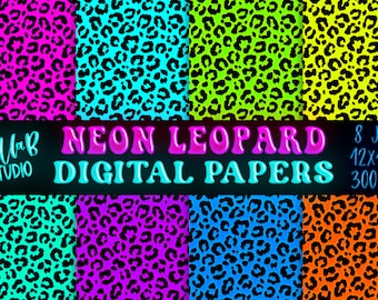Glowing Neon Leopard Print Digital Paper, Bright, Leopard Digital Paper,Texture Papers,Digital Backgrounds, Scrapbooking, Digital Paper Pack