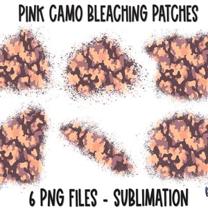 May include: Six digital sublimation designs featuring pink and brown camouflage patterns. The designs are in the shape of irregular circles and are perfect for creating unique apparel, home decor, and other crafts.