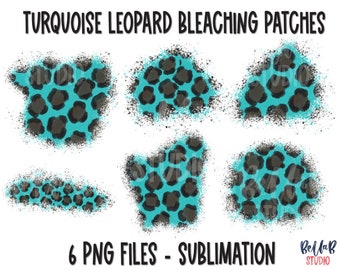Parches de sublimación con estampado de leopardo turquesa, parches de sublimación para camisetas blanqueadas, salpicaduras de leopardo PNG, elementos de sublimación, estampado de guepardo
