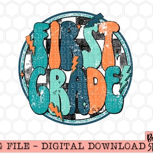 Retro Boho First Grade PNG Sublimation Design, School Design, Lightning Bolt, Cute Boys, Back To School, Sublimation Digital Download, PNG