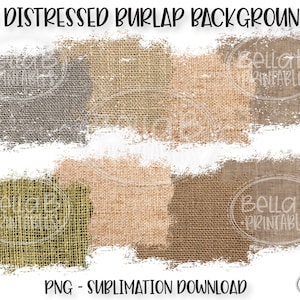 Op de afbeelding: Acht verweerde jute-achtergronden in verschillende tinten bruin, beige en groen. De achtergronden zijn textuurrijk en hebben een rustieke uitstraling. PNG - Sublimatie-download.