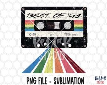 May include: A vintage cassette tape with the text "BEST OF '91" on it. The tape is black with a rainbow design and is set against a white background with a honeycomb pattern. The tape is emitting rainbow-colored rays of light.