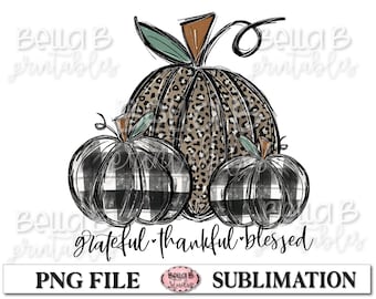 Grateful Thankful Blessed Sublimation Design, Doodle Pumpkin, Hand Drawn, Painted Pumpkin, Fall Sublimation Designs, Digital Download, PNG