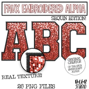 Faux Embroidered Sequin PNG Alphabet Set, Red Sequin, Red Faux Sequin PNG, Stitched Alpha PNG,Varsity Letters, Digital Download, Alphabet