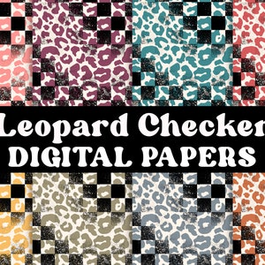Op de afbeelding: Acht digitale papieren met een luipaardprintpatroon dat is overlegd met een zwart-wit schaakbordpatroon. De papieren zijn 12x12 inch en 300 DPI.