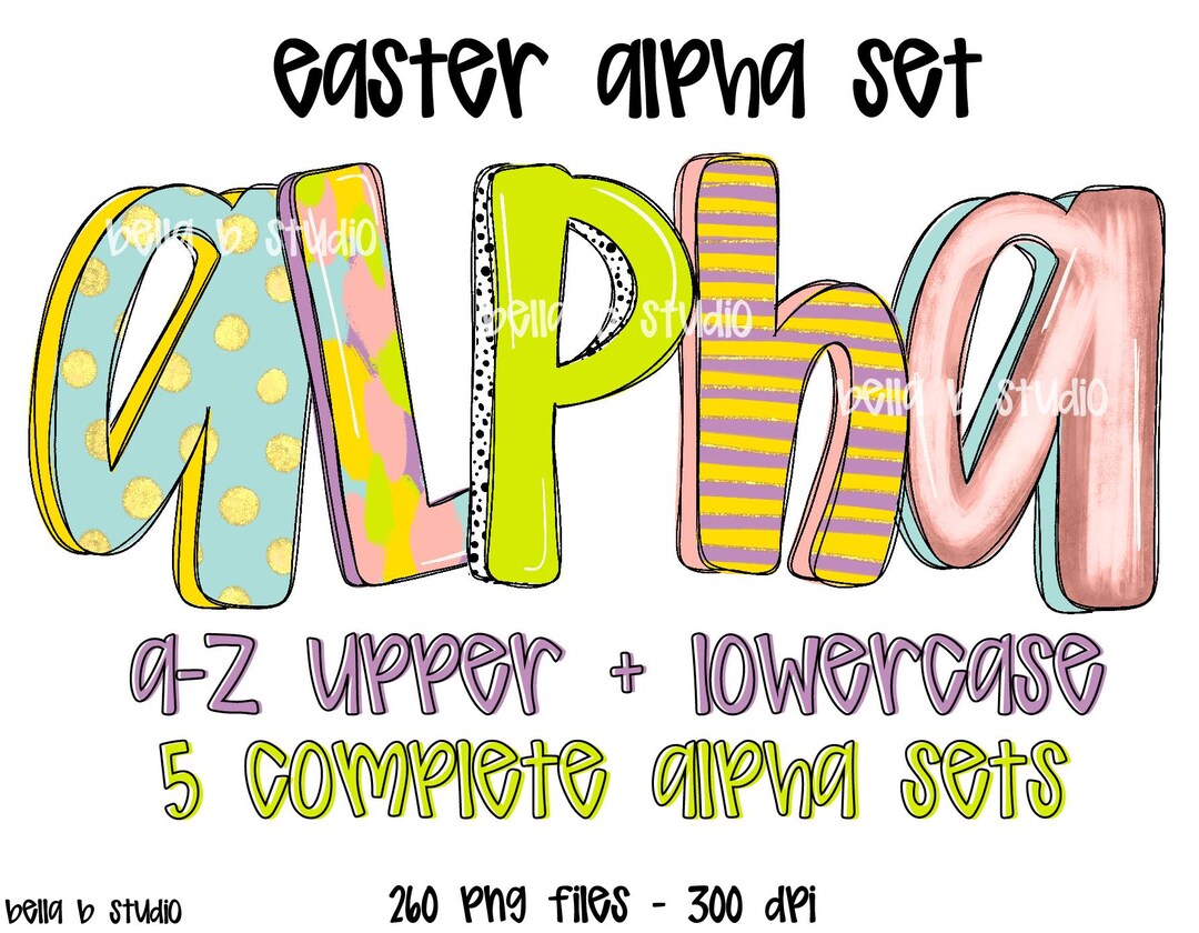 Easter Doodle Alpha PNG Bundle, Spring Alpha PNG, Alphabet, Doodle Font ...