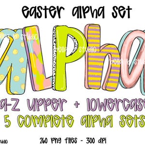 May include: Easter themed alphabet clipart set with 5 complete alphabet sets, including uppercase and lowercase letters. The letters are colorful and feature polka dots, stripes, and floral patterns. There are 260 PNG files included, each at 300 DPI.