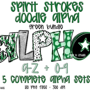 May include: A digital graphic featuring the word "ALPHA" in various styles, including camouflage, polka dots, and solid colors, each letter with a star. The text "Spirit Strokes Doodle Alpha" and "green bundle" are above the word. Additional text includes "a-z + 0-9" and "5 complete alpha sets".