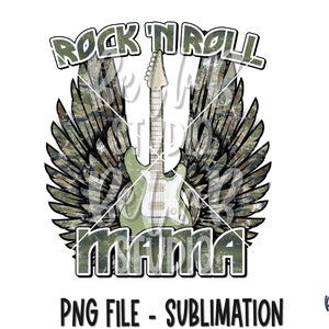 Camo Rock n Roll Mama Sublimation Design, Rock Wings, Retro Design, Vintage, Vleugels, Rock N Roll, Sublimatie Digitale Download, PNG, Illustraties