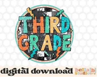 Retro Boho Third Grade PNG Sublimation Design, School Design, Lightning Bolt, Cute Boys, Back To School, Sublimation Digital Download, PNG