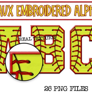 Peut inclure: Lettres de l'alphabet brodées en faux, en forme de balle de softball. Les lettres sont jaunes avec des coutures rouges et un contour rouge. Les lettres sont A, B et C. Le texte "26 FICHIERS PNG" est en bas de l'image.
